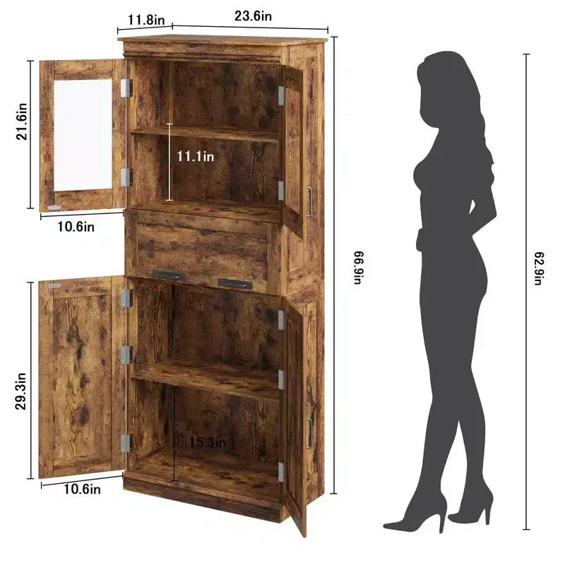 Meuble de salle de bain haut Coolmee de 170 cm avec 4 portes et tiroir basculant en verre, armoire de rangement avec étagères réglables, organisateur autoportant pour la maison