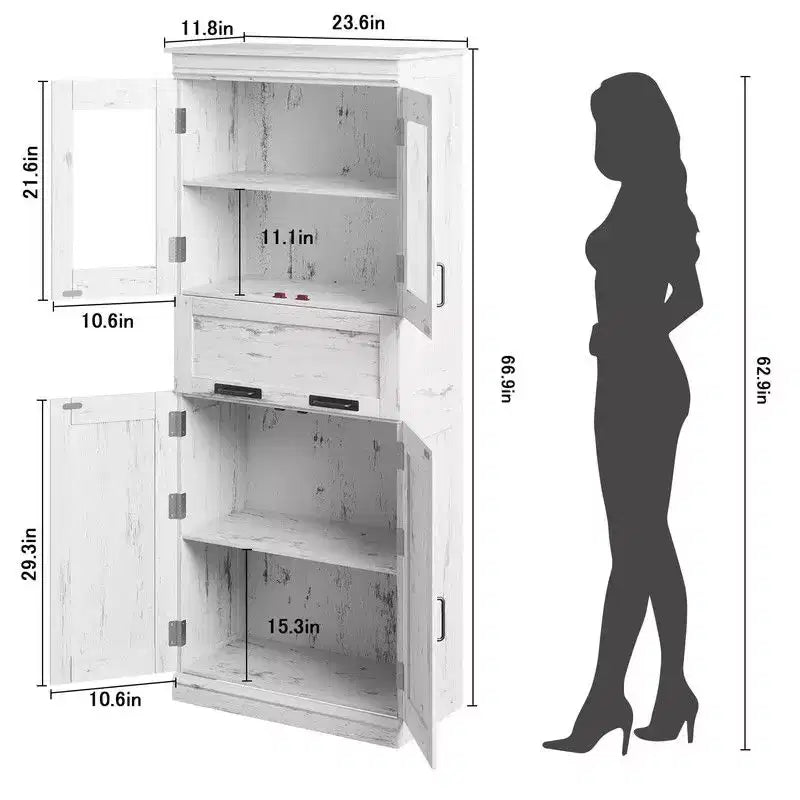 Meuble de salle de bain haut Coolmee de 170 cm avec 4 portes et tiroir basculant en verre, armoire de rangement avec étagères réglables, organisateur autoportant pour la maison