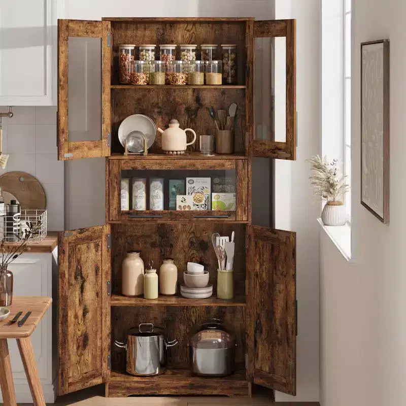 Meuble de salle de bain haut Coolmee de 170 cm avec 4 portes et tiroir basculant en verre, armoire de rangement avec étagères réglables, organisateur autoportant pour la maison
