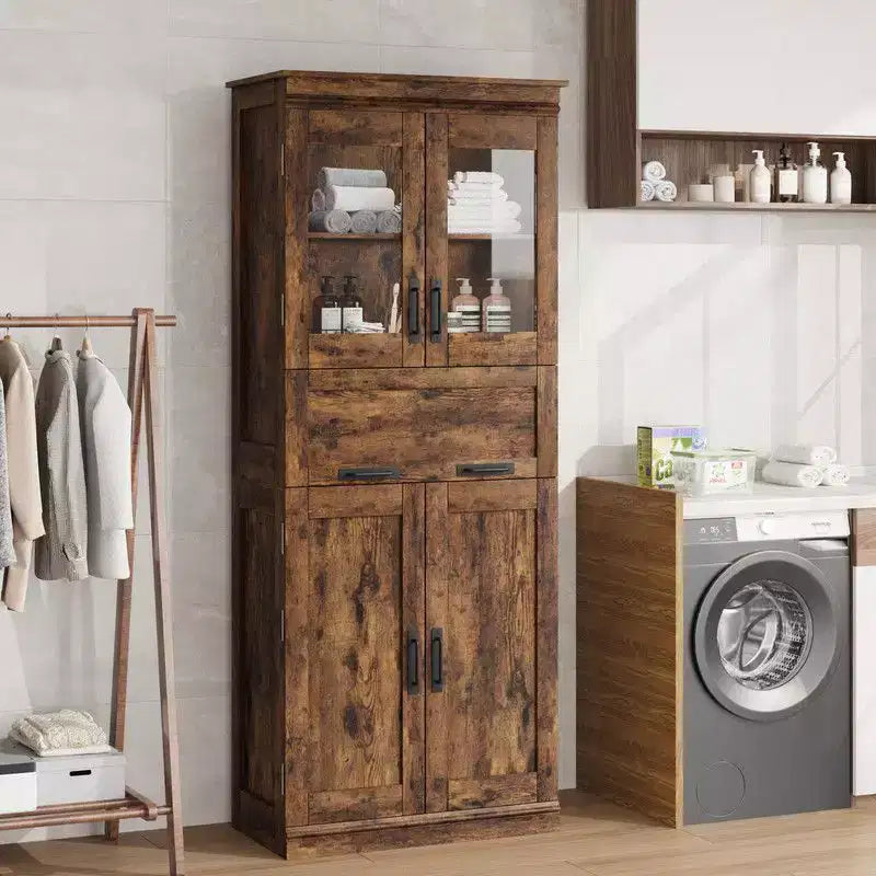Meuble de salle de bain haut Coolmee de 170 cm avec 4 portes et tiroir basculant en verre, armoire de rangement avec étagères réglables, organisateur autoportant pour la maison