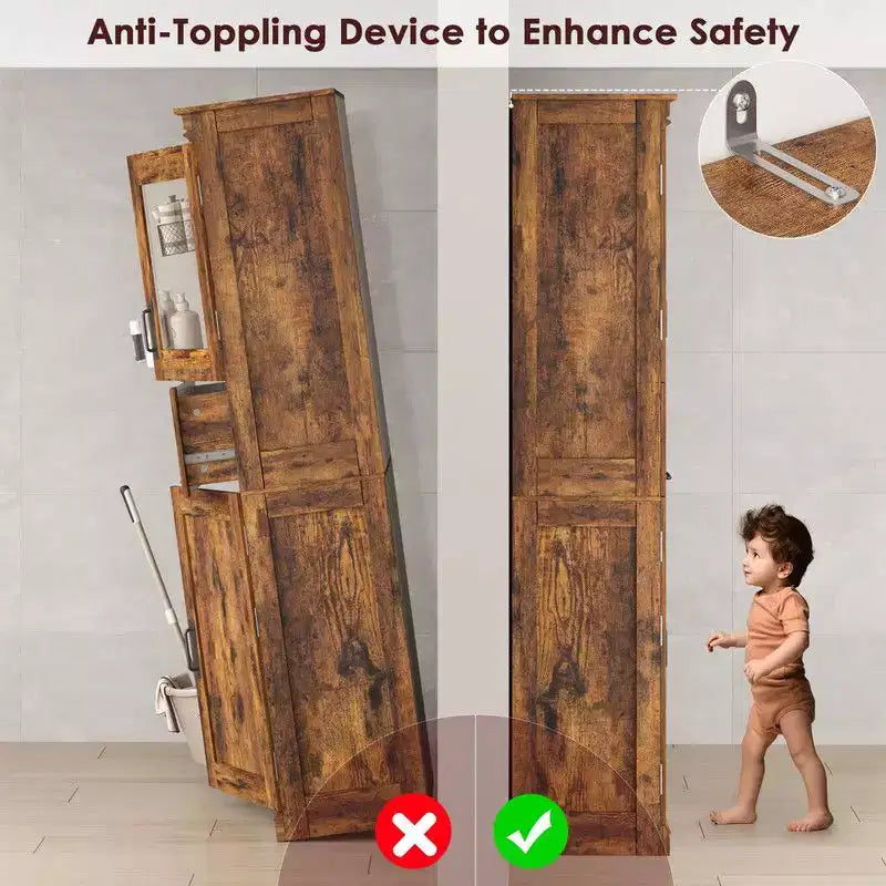 Meuble de salle de bain haut Coolmee de 170 cm avec 4 portes et tiroir basculant en verre, armoire de rangement avec étagères réglables, organisateur autoportant pour la maison