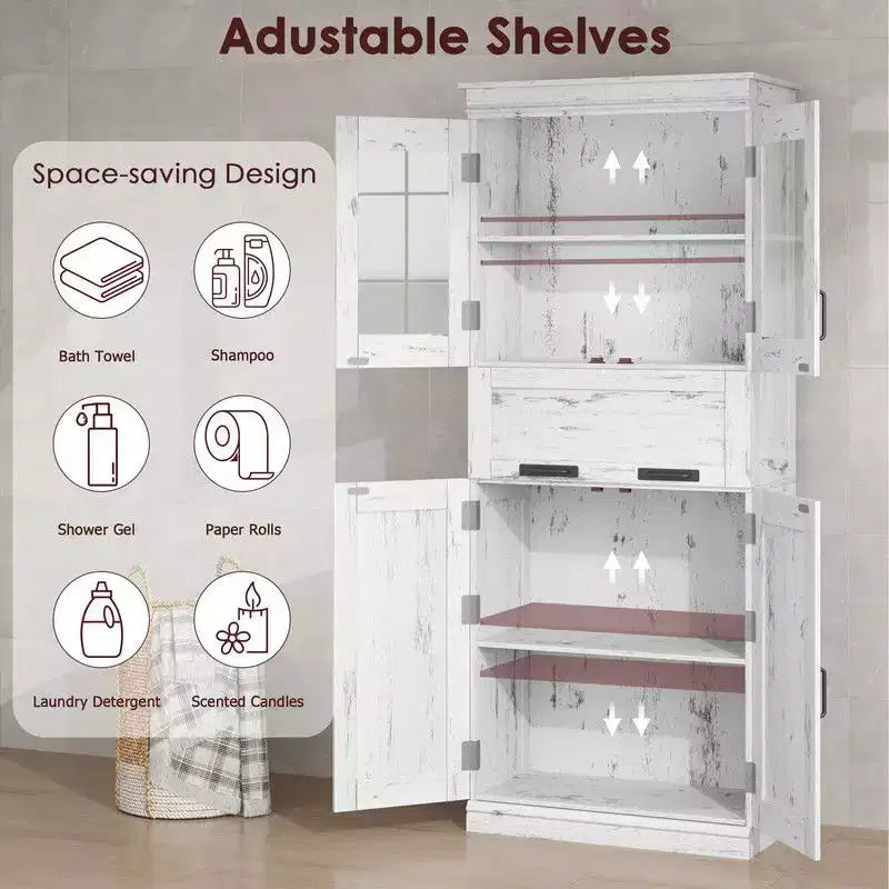 Meuble de salle de bain haut Coolmee de 170 cm avec 4 portes et tiroir basculant en verre, armoire de rangement avec étagères réglables, organisateur autoportant pour la maison