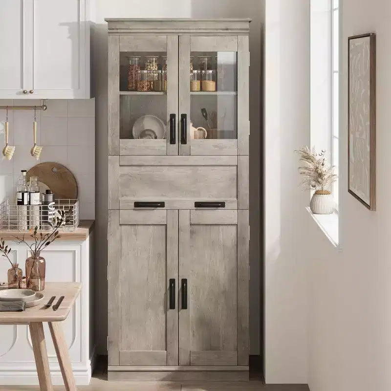 Meuble de salle de bain haut Coolmee de 170 cm avec 4 portes et tiroir basculant en verre, armoire de rangement avec étagères réglables, organisateur autoportant pour la maison