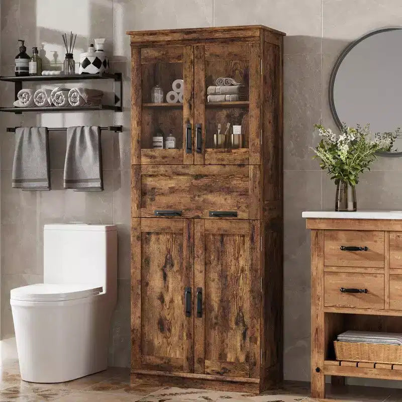 Meuble de salle de bain haut Coolmee de 170 cm avec 4 portes et tiroir basculant en verre, armoire de rangement avec étagères réglables, organisateur autoportant pour la maison