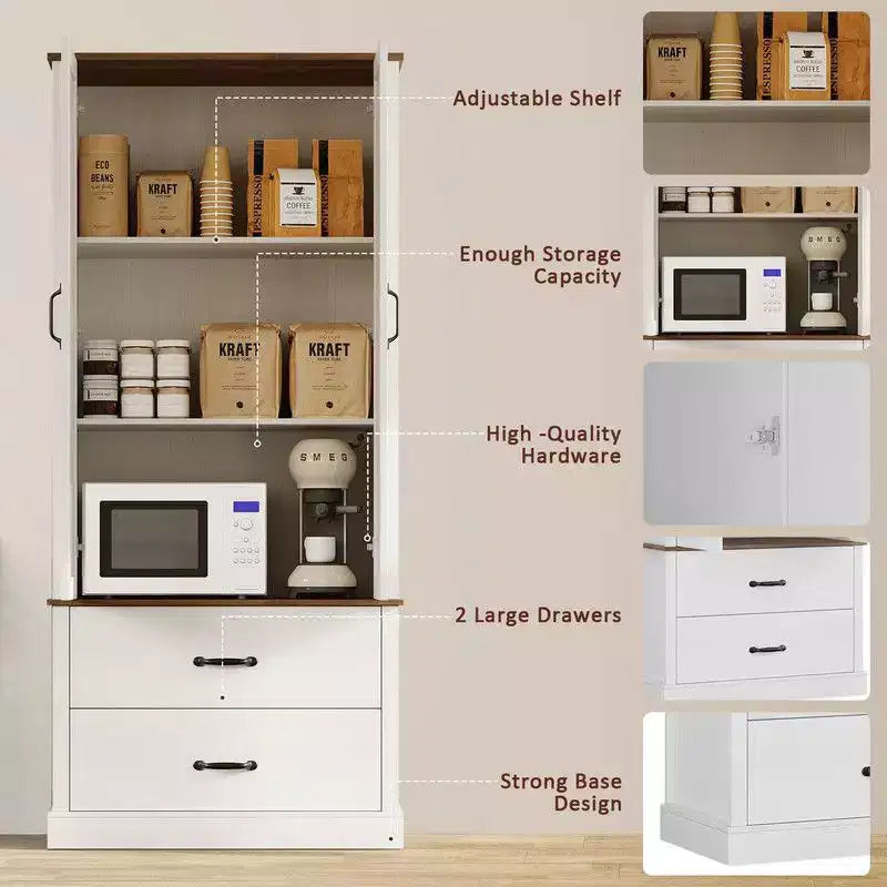 Coolmee Armoire de cuisine avec portes de grange, tiroir et 2 étagères réglables, buffet haut autoportant avec support pour micro-ondes