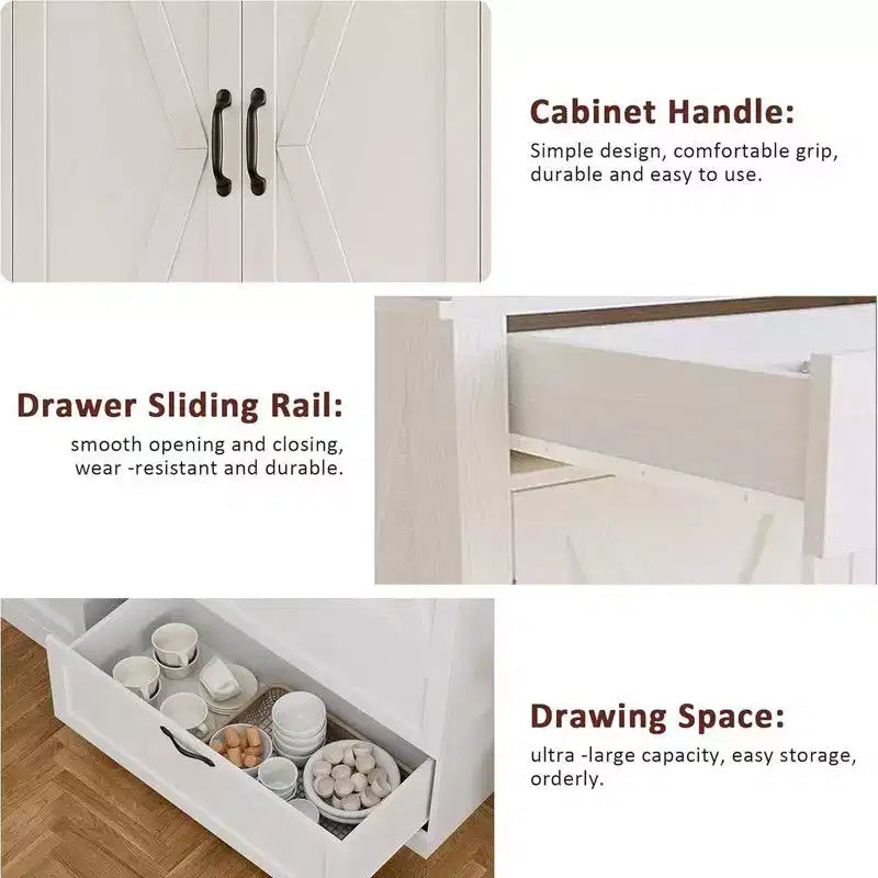Coolmee Armoire de cuisine avec portes de grange, tiroir et 2 étagères réglables, buffet haut autoportant avec support pour micro-ondes