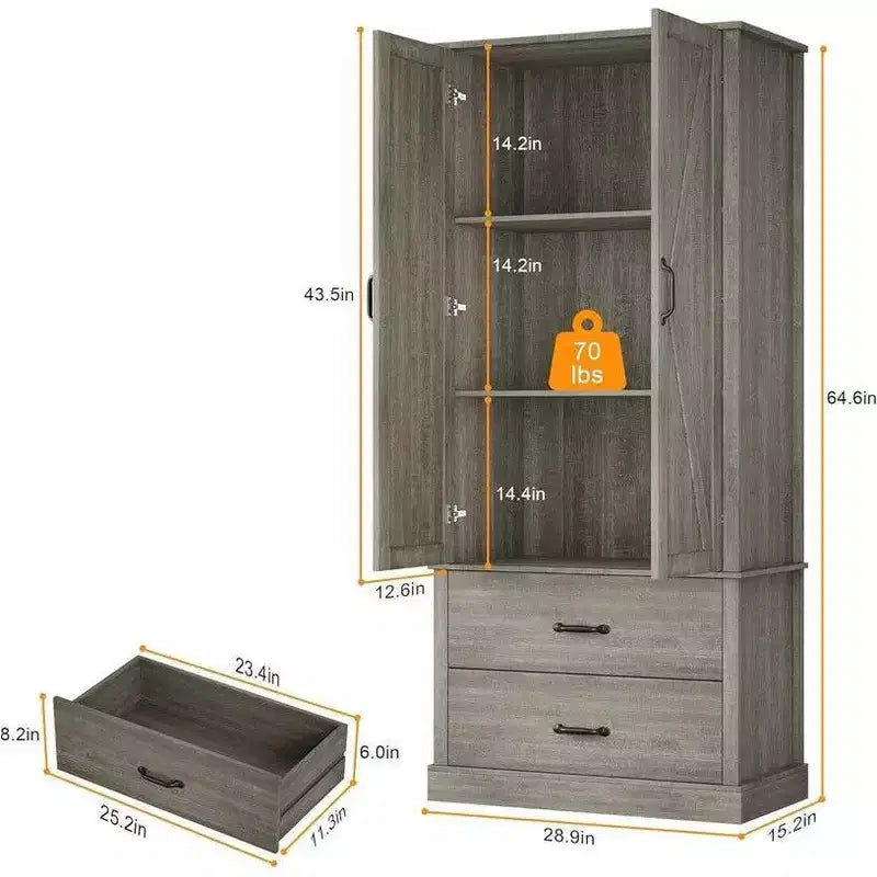 Coolmee Armoire de cuisine avec portes de grange, tiroir et 2 étagères réglables, buffet haut autoportant avec support pour micro-ondes