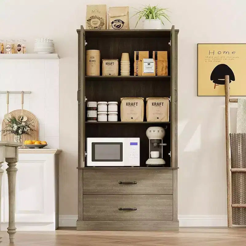 Coolmee Armoire de cuisine avec portes de grange, tiroir et 2 étagères réglables, buffet haut autoportant avec support pour micro-ondes
