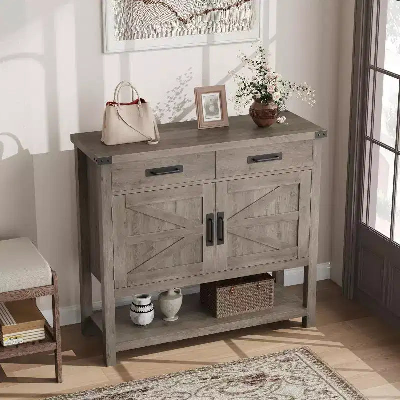 Console de style rustique avec rangement, placard à 2 portes et 2 tiroirs, table buffet multifonctionnelle pour entrée, cuisine, salon