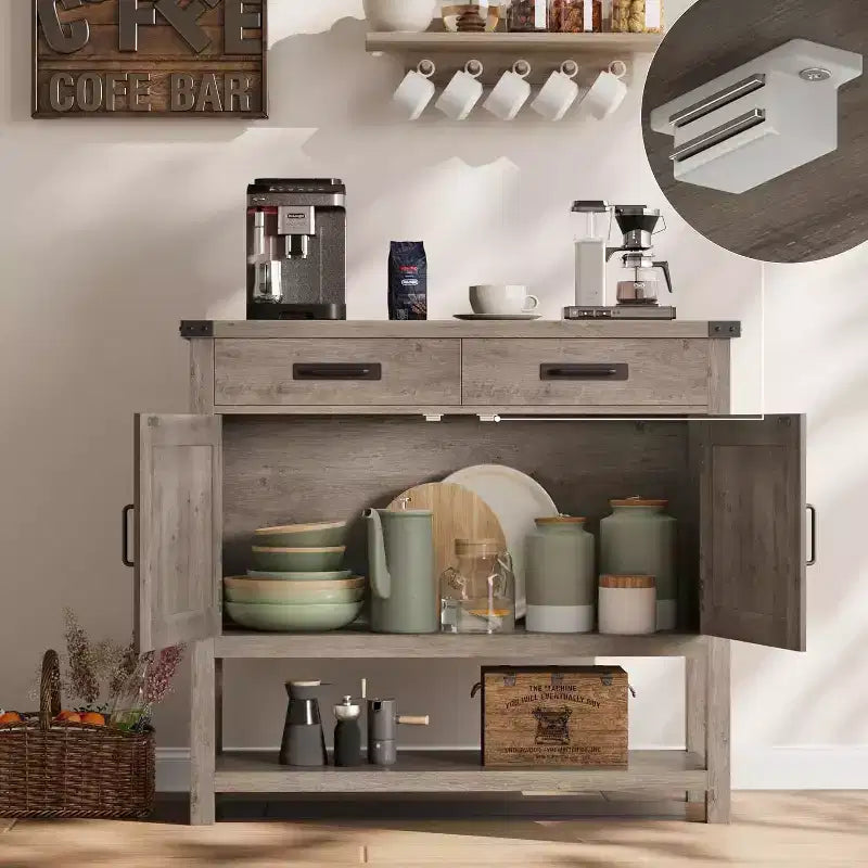 Console de style rustique avec rangement, placard à 2 portes et 2 tiroirs, table buffet multifonctionnelle pour entrée, cuisine, salon