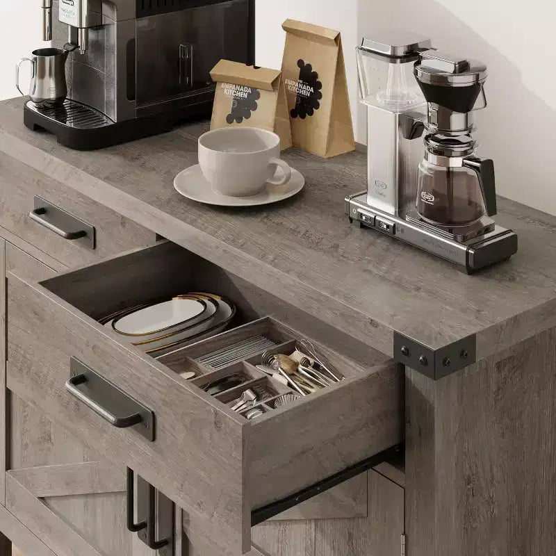 Console de style rustique avec rangement, placard à 2 portes et 2 tiroirs, table buffet multifonctionnelle pour entrée, cuisine, salon