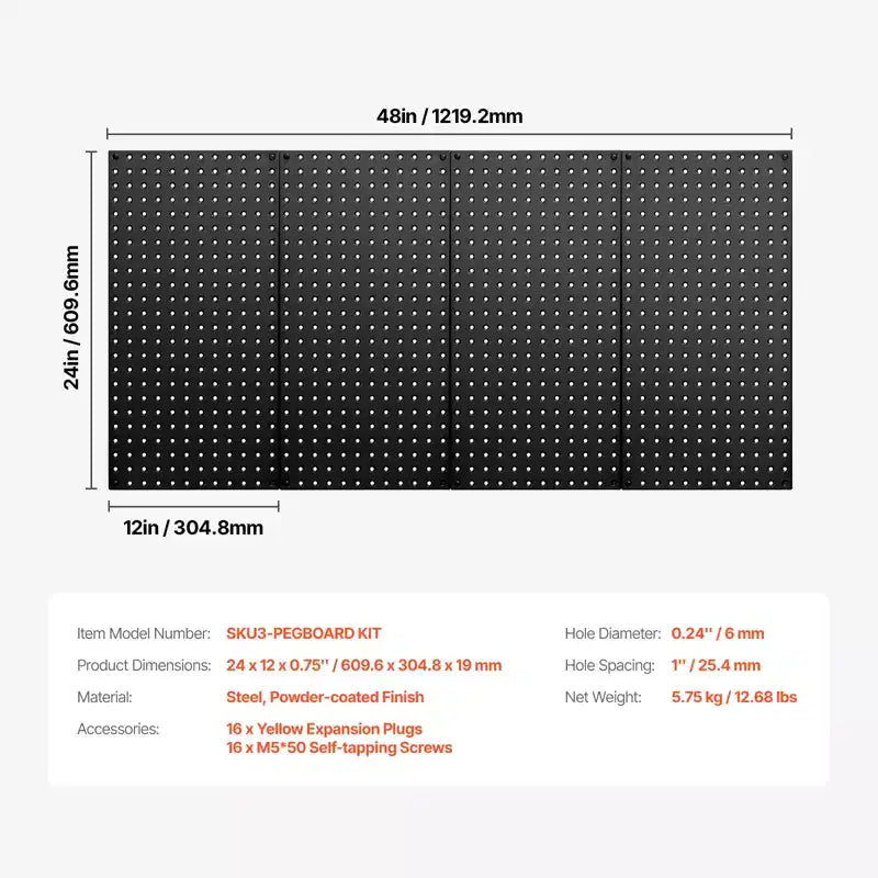 Panneaux perforés métalliques VEVOR, Panneau perforé de 61 x 30,5 cm, 4 panneaux, Organisateur mural en acier robuste, Noir