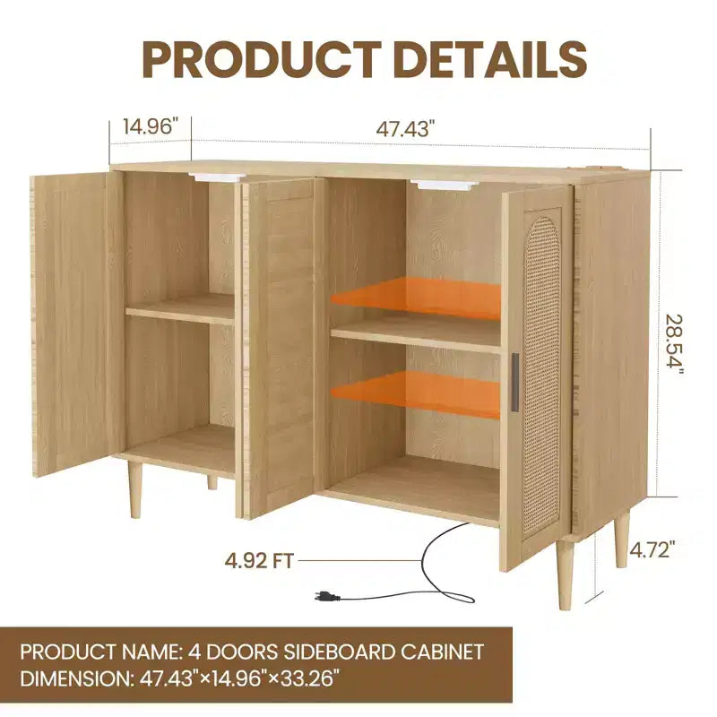 CuisinSmart Buffet en rotin, Armoire de rangement Bohème, Buffet 4 portes avec prise de courant pour cuisine, salle à manger, salon