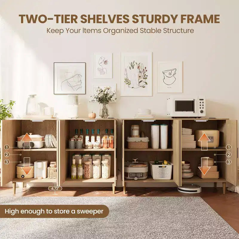 CuisinSmart Buffet en rotin, Armoire de rangement Bohème, Buffet 4 portes avec prise de courant pour cuisine, salle à manger, salon