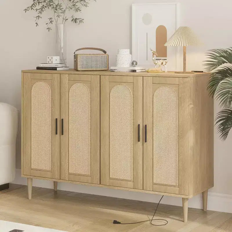 CuisinSmart Buffet en rotin, Armoire de rangement Bohème, Buffet 4 portes avec prise de courant pour cuisine, salle à manger, salon