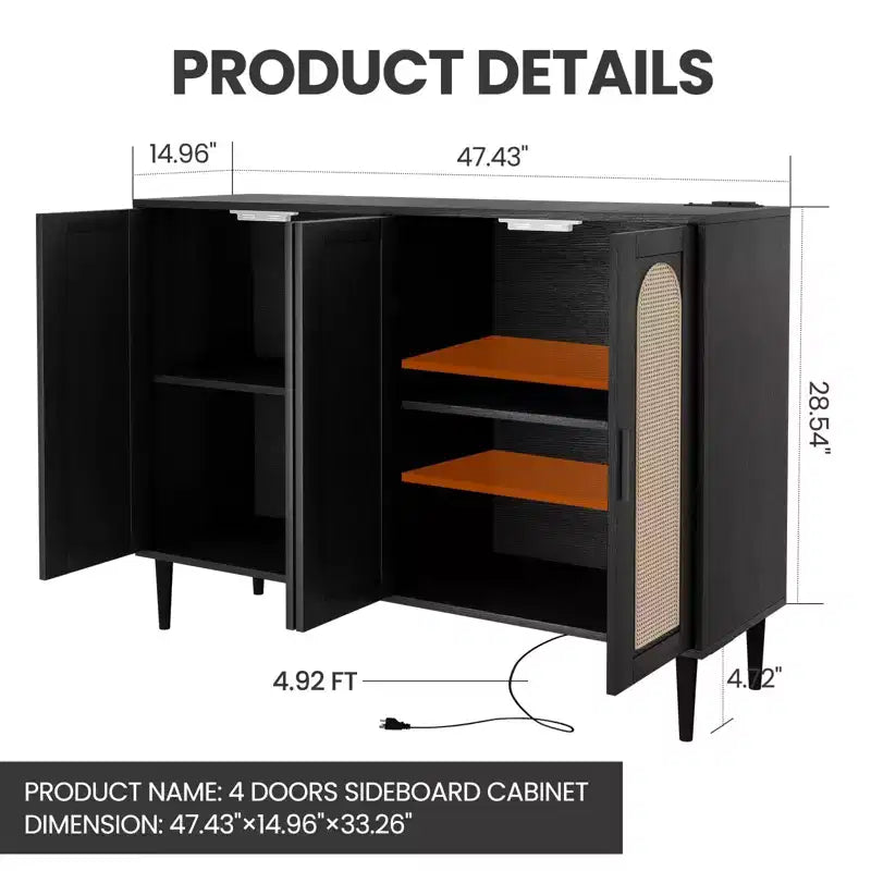 CuisinSmart Buffet en rotin, Armoire de rangement Bohème, Buffet 4 portes avec prise de courant pour cuisine, salle à manger, salon