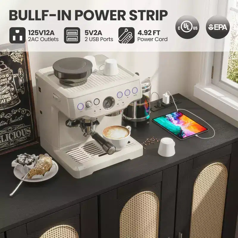 CuisinSmart Buffet en rotin, Armoire de rangement Bohème, Buffet 4 portes avec prise de courant pour cuisine, salle à manger, salon