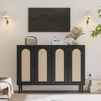 CuisinSmart Buffet en rotin, Armoire de rangement Bohème, Buffet 4 portes avec prise de courant pour cuisine, salle à manger, salon