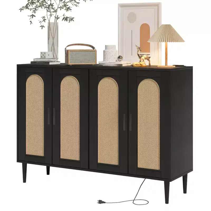 CuisinSmart Buffet en rotin, Armoire de rangement Bohème, Buffet 4 portes avec prise de courant pour cuisine, salle à manger, salon