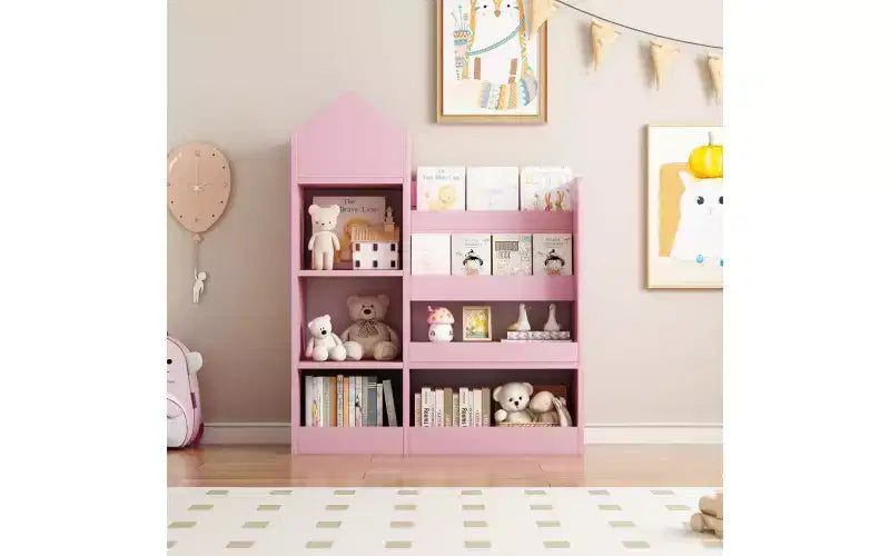 Zevemomo Bibliothèque et Rangement de Jouets pour Enfants à 4 Niveaux, Étagère à Livres en Bois pour Enfants, Rangement de Jouets avec Étagère à Livres pour Salle de Jeux, Salle de Classe, Chambre, Bibliothèque, Rose