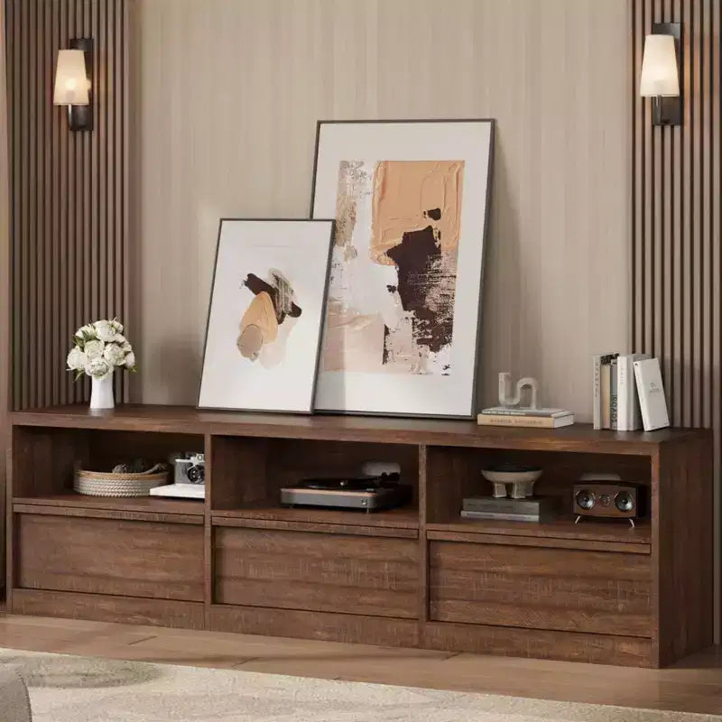 Meuble TV de 70 pouces pour téléviseurs de 80 pouces, meuble de divertissement moderne du milieu du siècle avec tiroir de rangement et étagères ouvertes, meuble de console multimédia en bois pour salon
