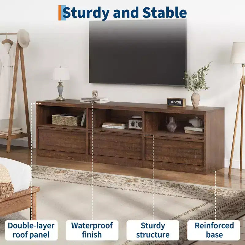 Meuble TV de 70 pouces pour téléviseurs de 80 pouces, meuble de divertissement moderne du milieu du siècle avec tiroir de rangement et étagères ouvertes, meuble de console multimédia en bois pour salon