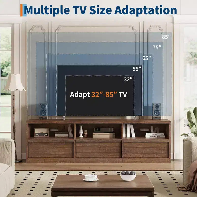 Meuble TV de 70 pouces pour téléviseurs de 80 pouces, meuble de divertissement moderne du milieu du siècle avec tiroir de rangement et étagères ouvertes, meuble de console multimédia en bois pour salon