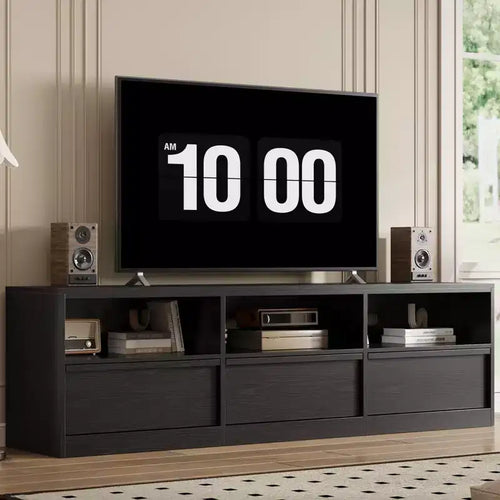 Meuble TV de 70 pouces pour téléviseurs de 80 pouces, meuble de divertissement moderne du milieu du siècle avec tiroir de rangement et étagères ouvertes, meuble de console multimédia en bois pour salon