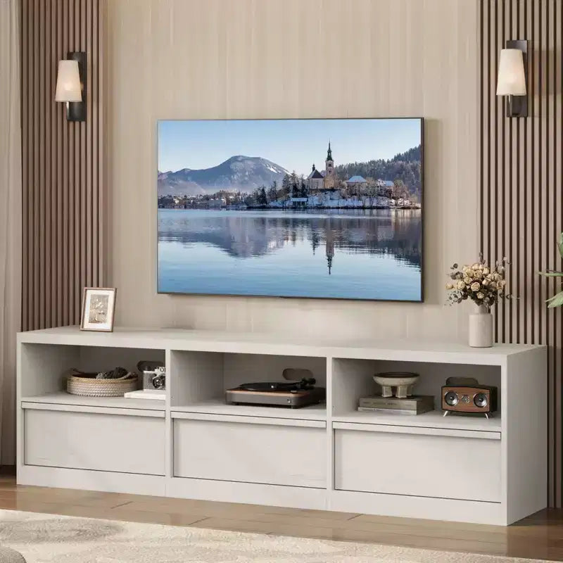 Meuble TV de 70 pouces pour téléviseurs de 80 pouces, meuble de divertissement moderne du milieu du siècle avec tiroir de rangement et étagères ouvertes, meuble de console multimédia en bois pour salon