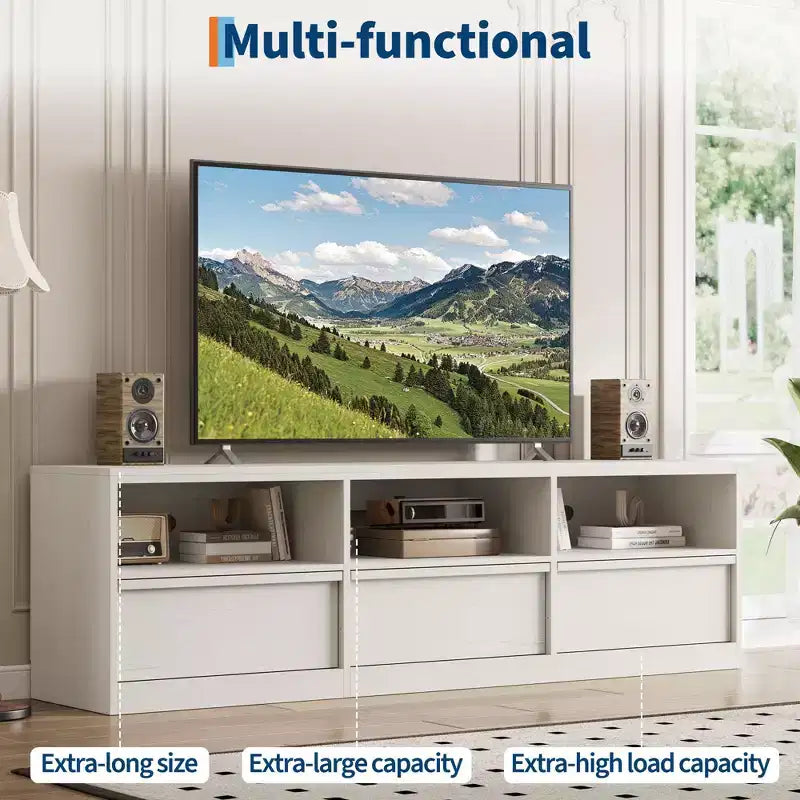 Meuble TV de 70 pouces pour téléviseurs de 80 pouces, meuble de divertissement moderne du milieu du siècle avec tiroir de rangement et étagères ouvertes, meuble de console multimédia en bois pour salon