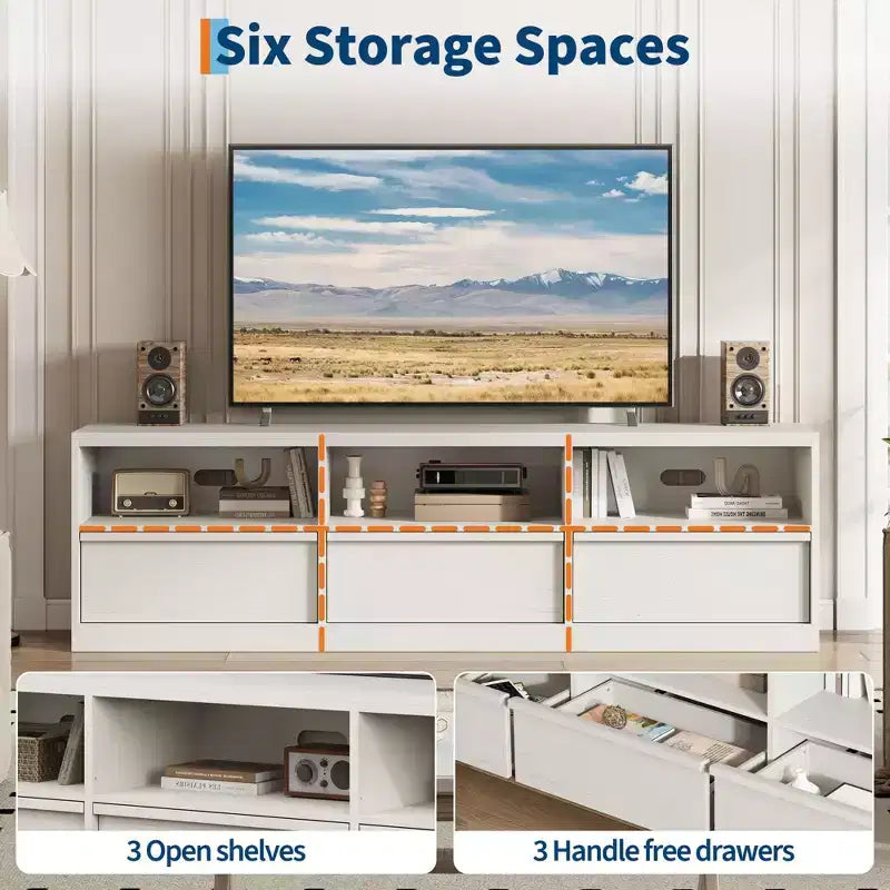 Meuble TV de 70 pouces pour téléviseurs de 80 pouces, meuble de divertissement moderne du milieu du siècle avec tiroir de rangement et étagères ouvertes, meuble de console multimédia en bois pour salon