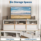 Meuble TV de 70 pouces pour téléviseurs de 80 pouces, meuble de divertissement moderne du milieu du siècle avec tiroir de rangement et étagères ouvertes, meuble de console multimédia en bois pour salon