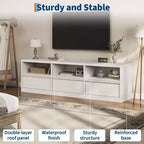 Meuble TV de 70 pouces pour téléviseurs de 80 pouces, meuble de divertissement moderne du milieu du siècle avec tiroir de rangement et étagères ouvertes, meuble de console multimédia en bois pour salon