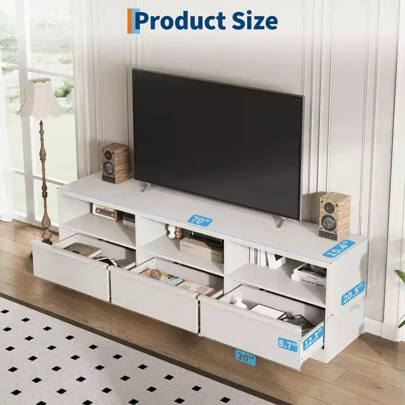 Meuble TV de 70 pouces pour téléviseurs de 80 pouces, meuble de divertissement moderne du milieu du siècle avec tiroir de rangement et étagères ouvertes, meuble de console multimédia en bois pour salon