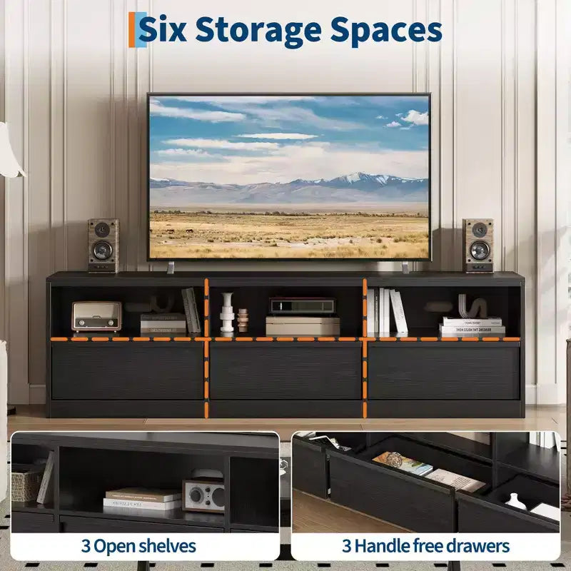 Meuble TV de 70 pouces pour téléviseurs de 80 pouces, meuble de divertissement moderne du milieu du siècle avec tiroir de rangement et étagères ouvertes, meuble de console multimédia en bois pour salon