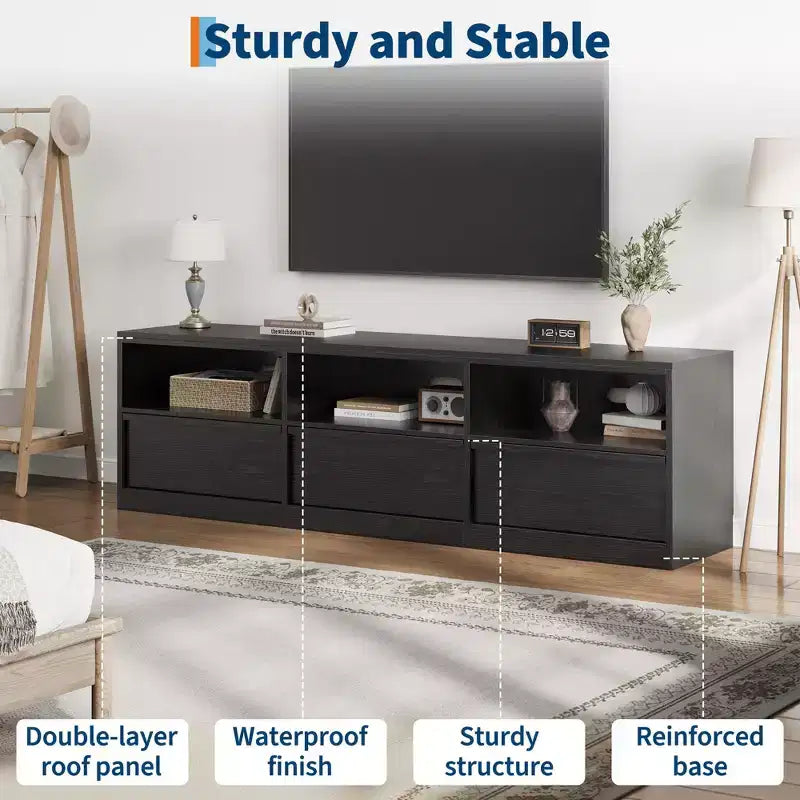 Meuble TV de 70 pouces pour téléviseurs de 80 pouces, meuble de divertissement moderne du milieu du siècle avec tiroir de rangement et étagères ouvertes, meuble de console multimédia en bois pour salon