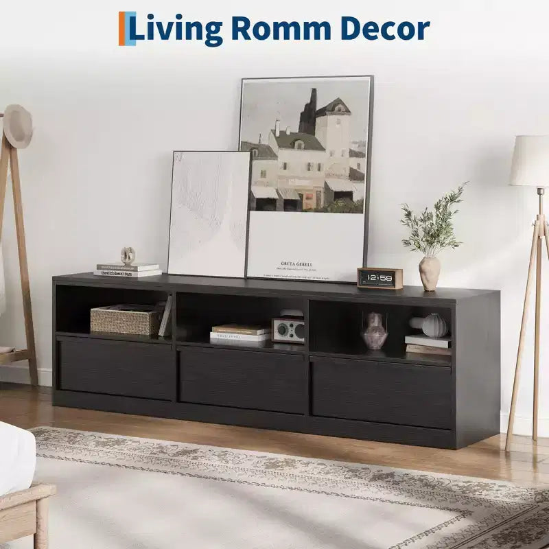 Meuble TV de 70 pouces pour téléviseurs de 80 pouces, meuble de divertissement moderne du milieu du siècle avec tiroir de rangement et étagères ouvertes, meuble de console multimédia en bois pour salon