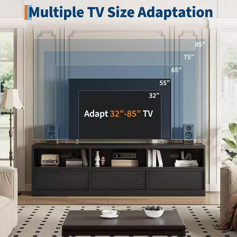 Meuble TV de 70 pouces pour téléviseurs de 80 pouces, meuble de divertissement moderne du milieu du siècle avec tiroir de rangement et étagères ouvertes, meuble de console multimédia en bois pour salon