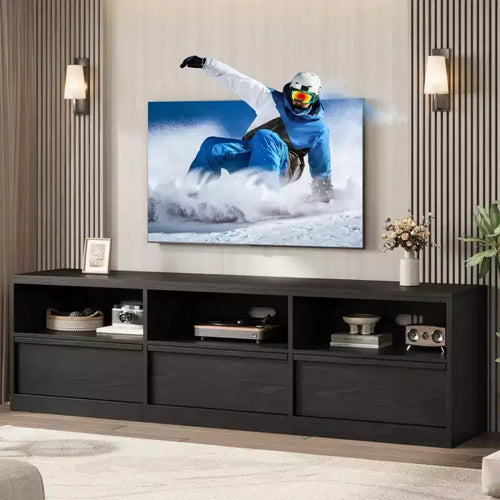 70 inch TV Stand for 80 TVs, Mid Century Modern Entertainment Center with Storage Drawer & Open Shelves, Wood Media Console Cabinet for Living Room