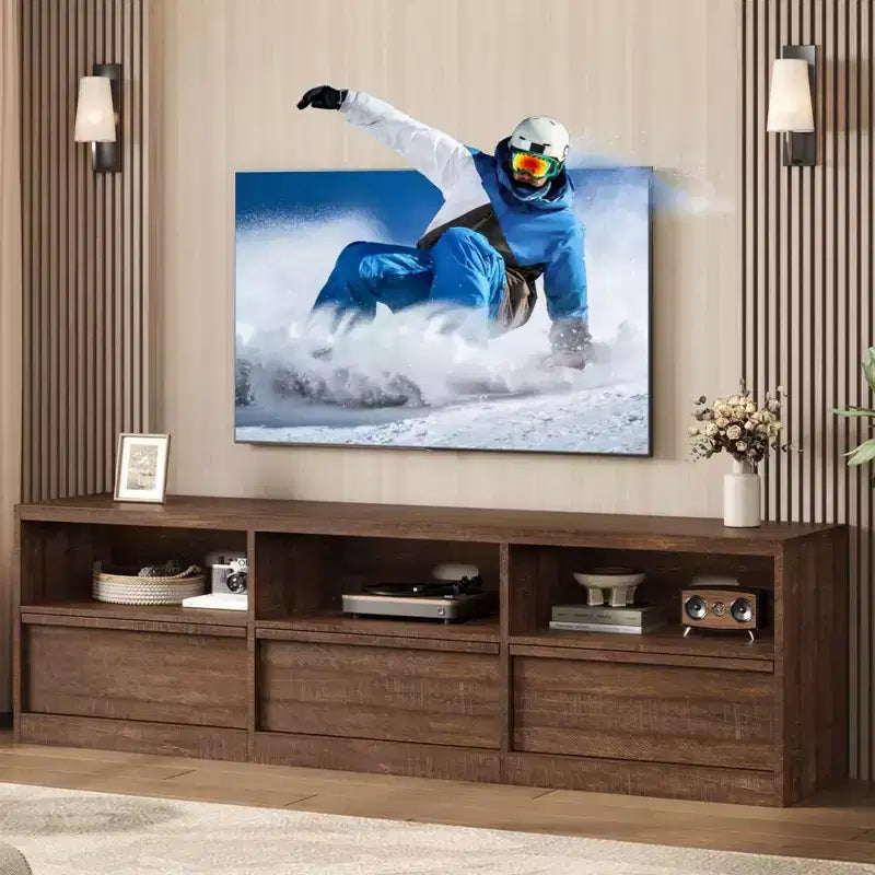 Meuble TV de 70 pouces pour téléviseurs de 80 pouces, meuble de divertissement moderne du milieu du siècle avec tiroir de rangement et étagères ouvertes, meuble de console multimédia en bois pour salon