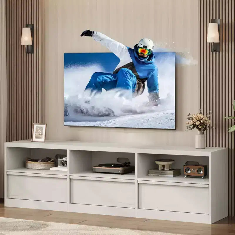 Meuble TV de 70 pouces pour téléviseurs de 80 pouces, meuble de divertissement moderne du milieu du siècle avec tiroir de rangement et étagères ouvertes, meuble de console multimédia en bois pour salon
