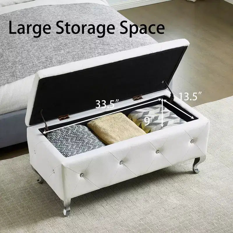 EHMKNP White Faux Leather Upholstered Storage Ottoman Bench with Crystal Buttons, Rectangular Footrest for Bedroom, Living Room, Entryway