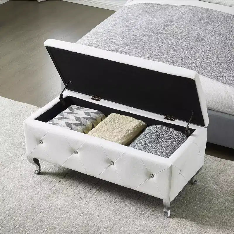 Banc de rangement ottoman EHMKNP en similicuir blanc avec boutons en cristal, repose-pieds rectangulaire pour chambre, salon, entrée