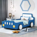 Bellemave Twin Size Race Car-Shaped Platform Bed with Wheels, with Headboard and Footboard, for Boys,Blue
