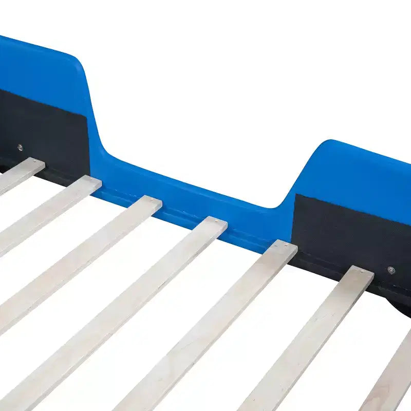 Lit plateforme Bellemave simple en forme de voiture de course avec roulettes, avec tête et pied de lit, pour garçons, bleu