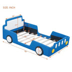 Lit plateforme Bellemave simple en forme de voiture de course avec roulettes, avec tête et pied de lit, pour garçons, bleu