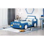 Lit plateforme Bellemave simple en forme de voiture de course avec roulettes, avec tête et pied de lit, pour garçons, bleu