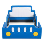 Lit plateforme Bellemave simple en forme de voiture de course avec roulettes, avec tête et pied de lit, pour garçons, bleu
