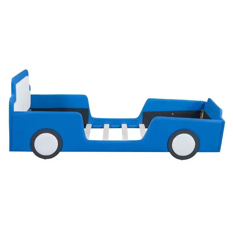 Lit plateforme Bellemave simple en forme de voiture de course avec roulettes, avec tête et pied de lit, pour garçons, bleu