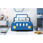 Lit plateforme Bellemave simple en forme de voiture de course avec roulettes, avec tête et pied de lit, pour garçons, bleu